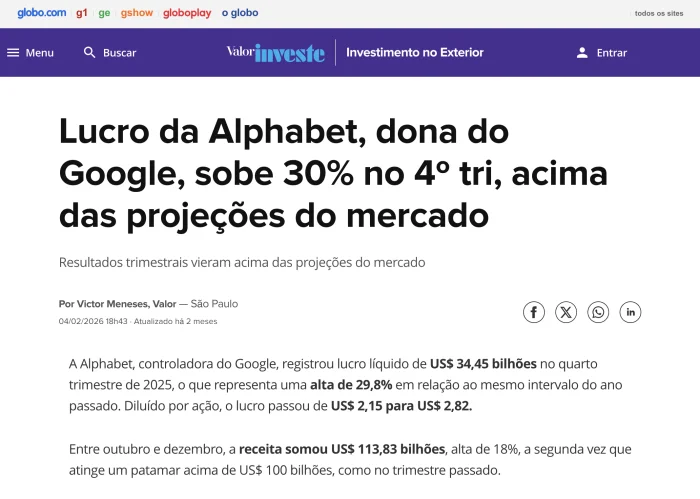 Lucro da Alphabet, dona do Google, sobe 30% no 4º trimestre — Valor Investe / Globo