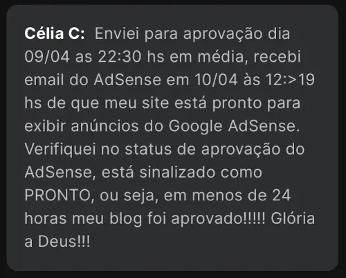 Resultado de Célia na Mentoria Alvo 10K — aprovação em 24h